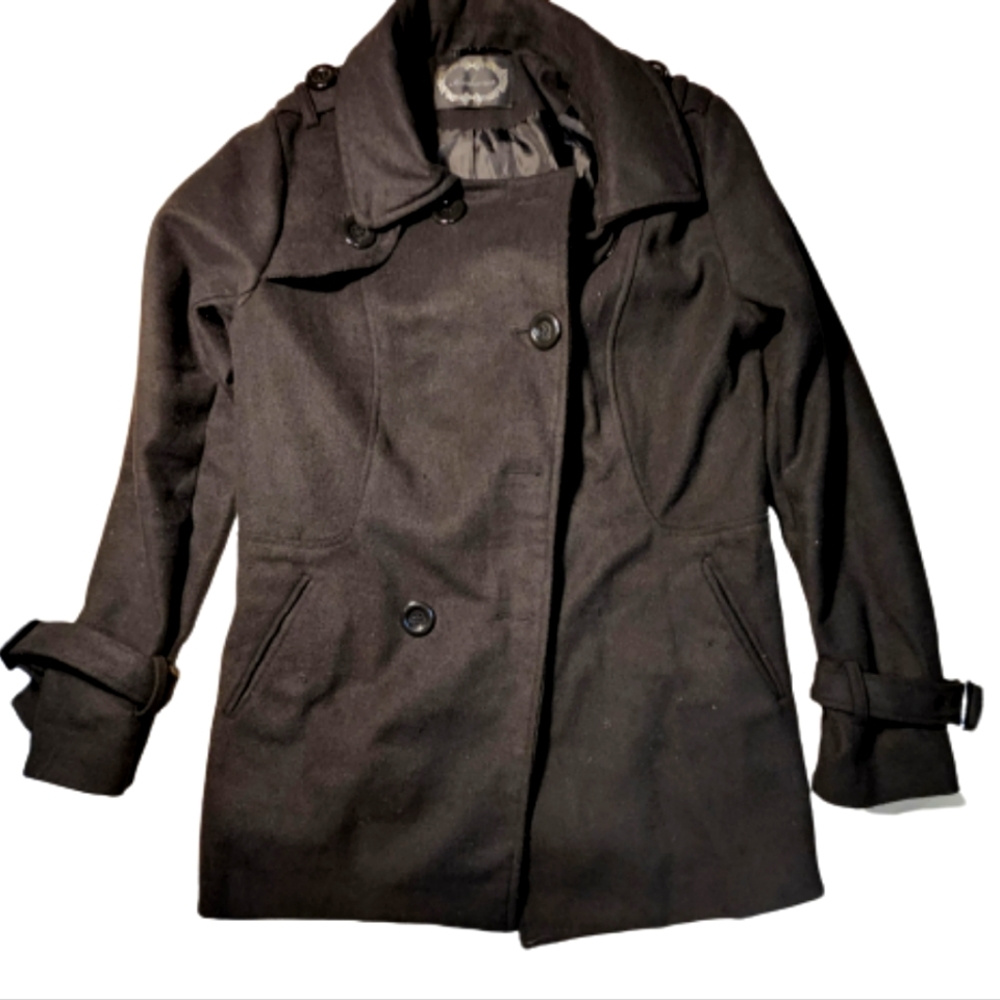 Ambiance black collared pea coat jacket two pockets button up closure